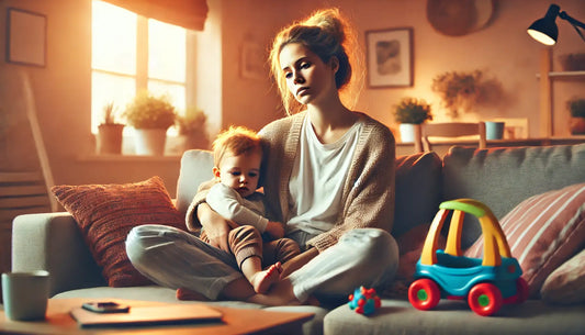 Exhausted stay-at-home mom sitting on a couch, holding a toddler in a messy living room with scattered toys. The image portrays stress, but also warmth and hope for recovery.